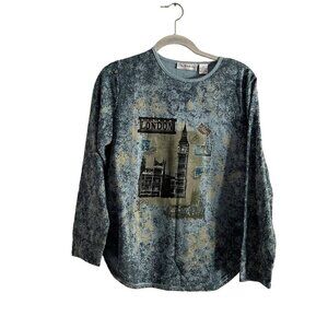 San Michelle Bay Women Sz S Blue Multicolor London Postcard Rhinestone Top NWT